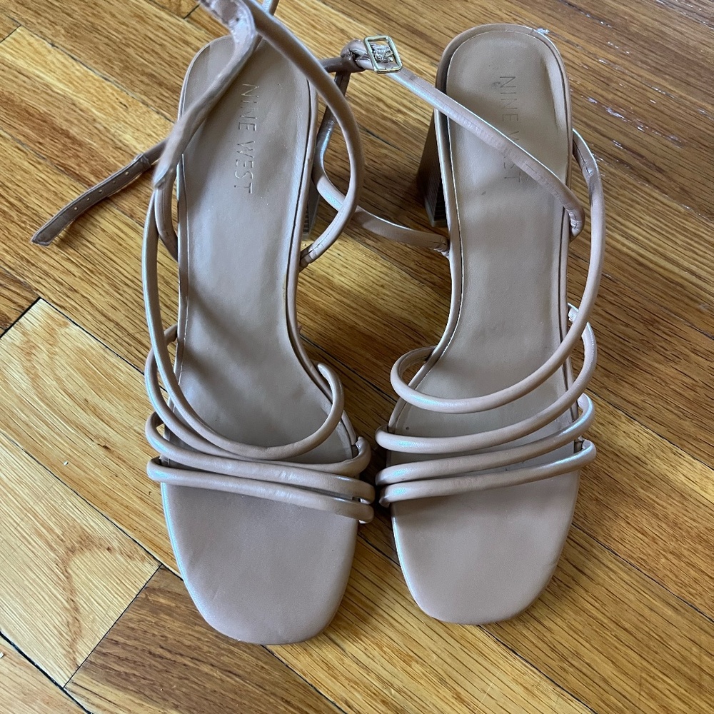 Tan strappy block heels
